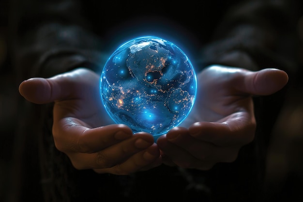 Eine Glaskristall-Erdesphäre leuchtet blau und schwebt in menschlichen Händen im Hintergrund in dunklen Farben