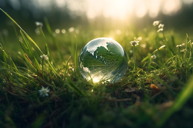 Eine Glaskugel im Gras, durch die die Sonne scheint.