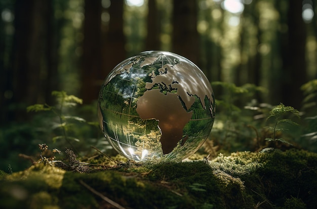 Eine Glaskugel im Wald mit dem Kontinent auf dem Glas.