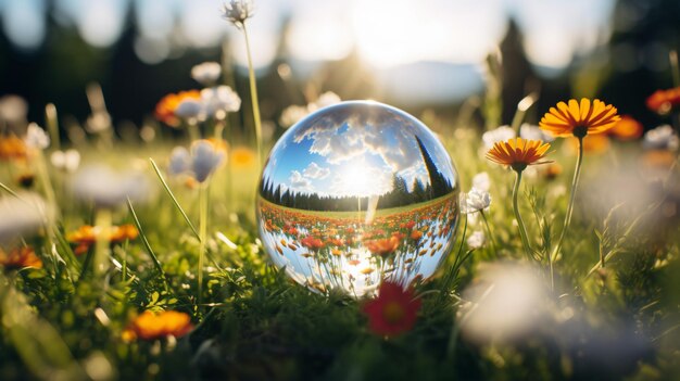 Eine Glaskugel in einem Blumenfeld