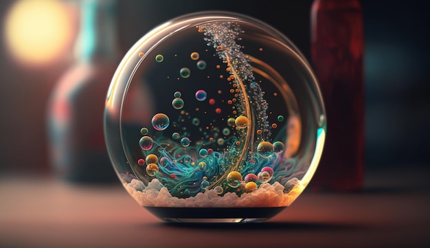 Eine Glaskugel mit Blasen darin, auf der „Blasen“ steht.