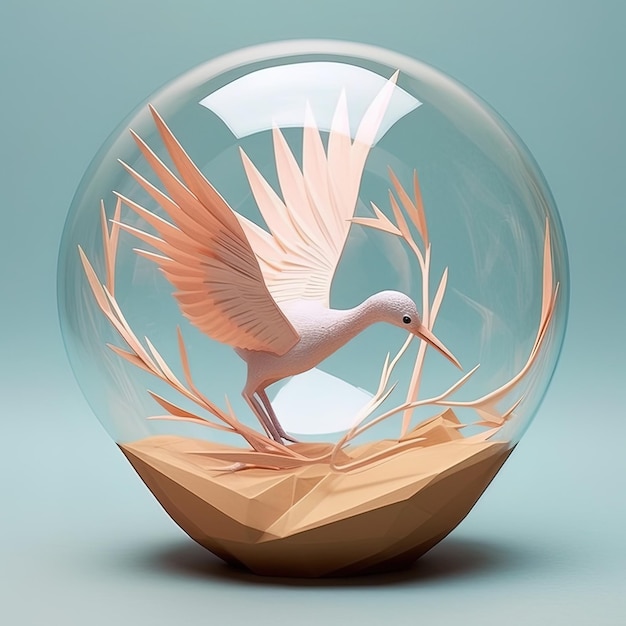 eine Glaskugel mit einem Flamingo und einem Vogel darin
