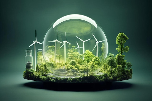 Eine Glaskugel mit einer grünen Landschaft und einer Windkraftanlage.