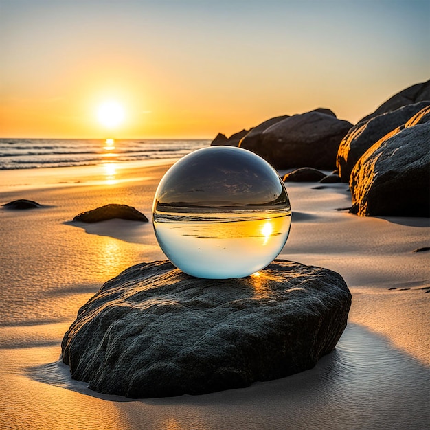 eine Glaskugel sitzt auf einem Felsen an einem Strand mit der Sonne dahinter