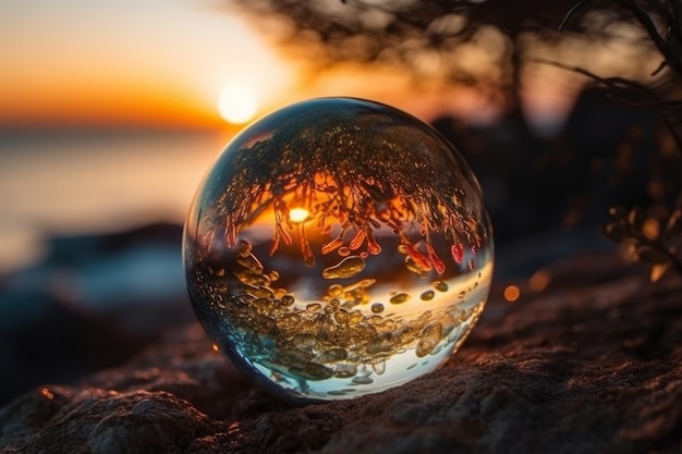 Eine Glaskugel sitzt auf einem Felsen mit dem Sonnenuntergang im Hintergrund.