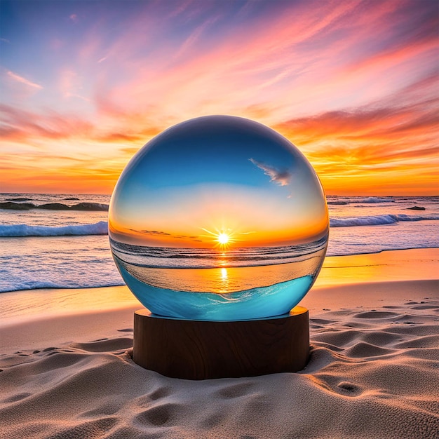 eine Glaskugel sitzt auf einem Holzpietel an einem Strand mit dem Sonnenuntergang im Hintergrund