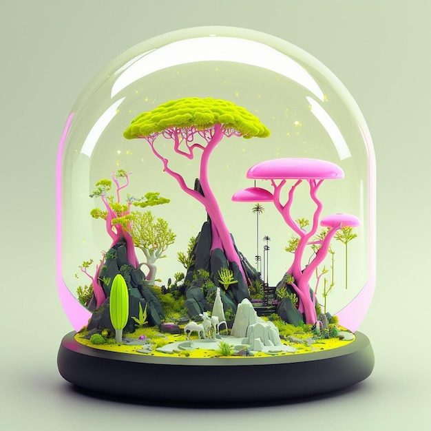 Eine Glaskuppel mit einer rosafarbenen Landschaft im Inneren und einem Wald in der Mitte.