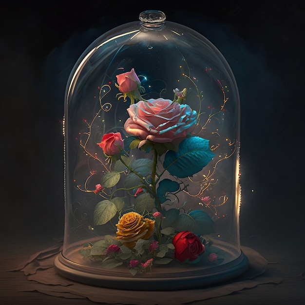 Eine Glaskuppel mit Rosen und einem goldenen Design darauf.