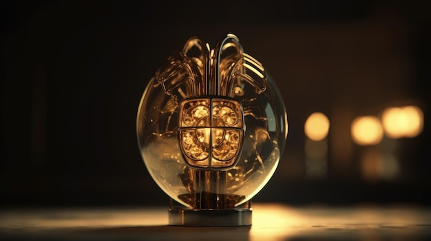 Eine Glaslampe mit einem Gesicht aus Gold und einem großen Metallgegenstand.