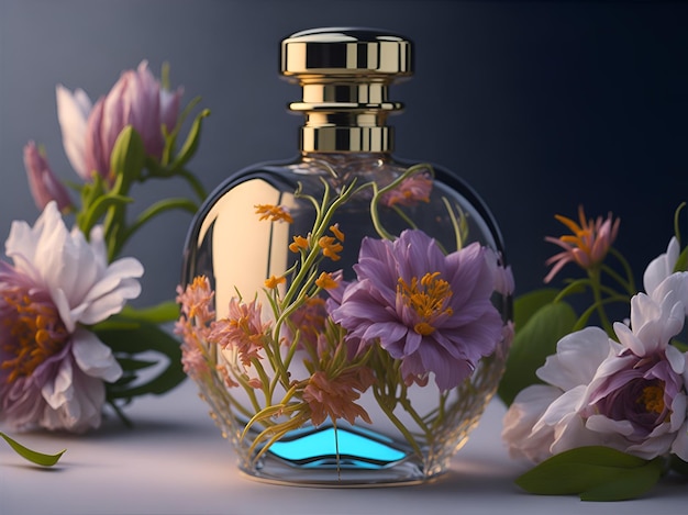 Eine Glasparfümflasche mit schöner Blumendekoration