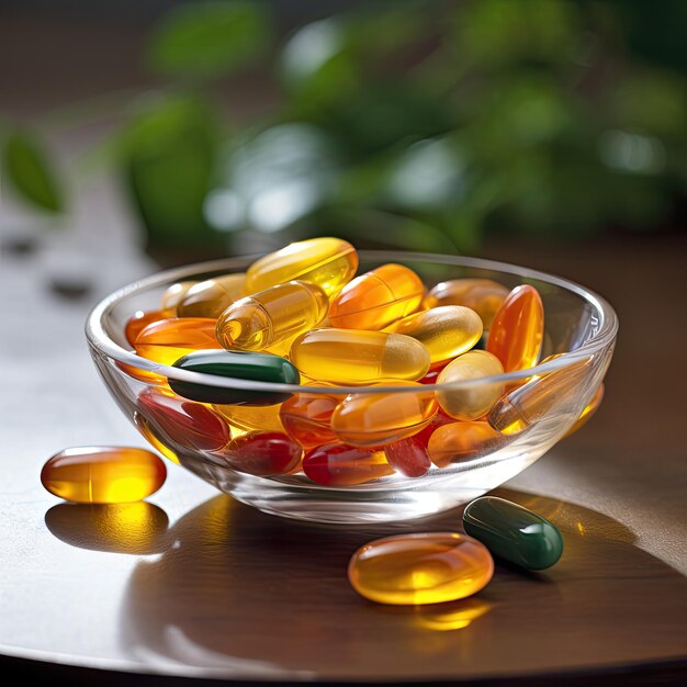 Eine Glasschale gefüllt mit Vitamin-C-Kapseln