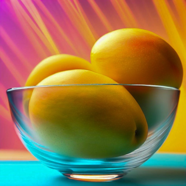 Eine Glasschale mit Mangos mit buntem Hintergrund