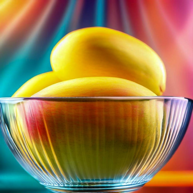 Eine Glasschale mit Mangos mit buntem Hintergrund