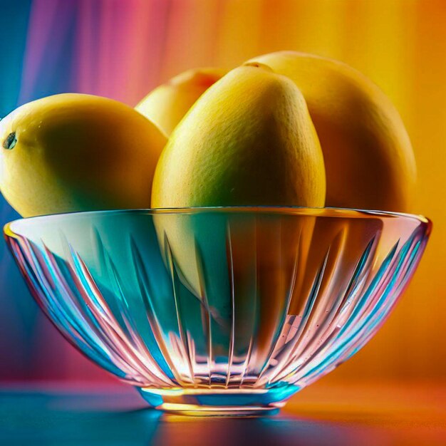 Eine Glasschale mit Mangos mit buntem Hintergrund