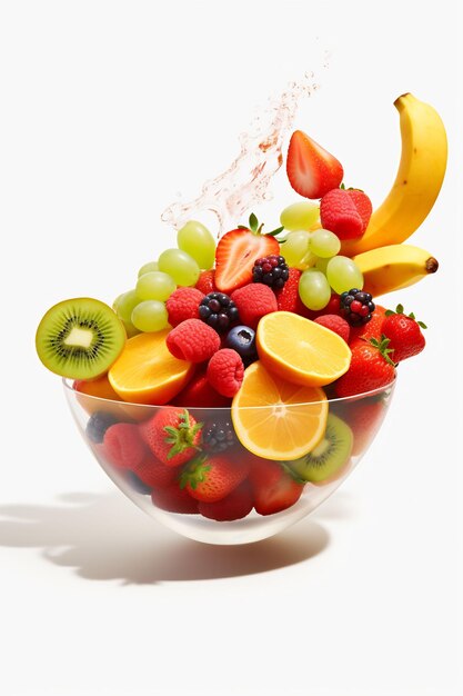 Eine Glasschale mit Obst, darunter ein Bündel Bananen, Erdbeeren und Erdbeeren