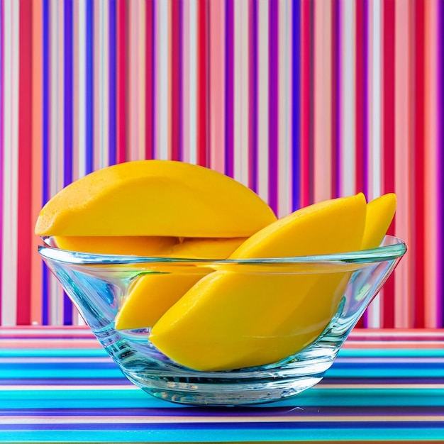 Eine Glasschüssel mit Mangos mit Linien auf dem bunten Hintergrund der Schüssel