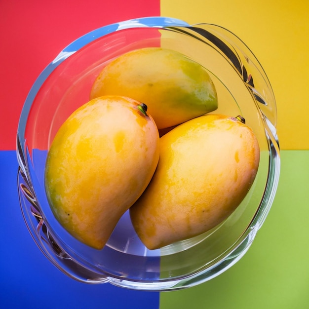 Eine Glasschüssel mit Mangos mit Linien auf dem bunten Hintergrund der Schüssel