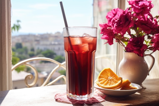 Eine Glastasse mit Hibiskustee-Hibiskusblüten im Hintergrund auf einem sonnigen Fensterbrett