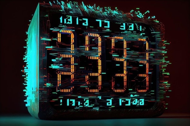 Eine glitzernde Digitaluhr mit verzerrten Zahlen, flackerndem Display und durcheinander geratenen Ziffern