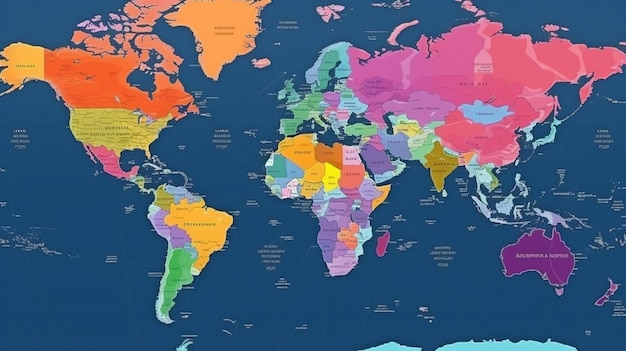 Eine globale Karte, die gefärbt wurde. Politische Karten, bunte Globusländer und Ländernamen sind alle verfügbar. Karte von Geographie und Politik, Globus-Landatlas oder Planet Generative AI
