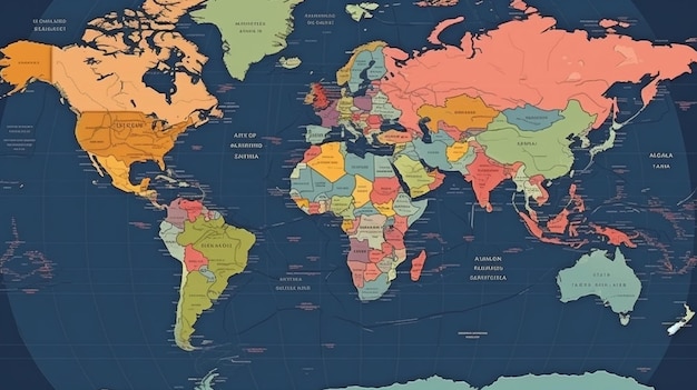 Eine globale Karte, die gefärbt wurde. Politische Karten, bunte Globusländer und Ländernamen sind alle verfügbar. Karte von Geographie und Politik, Globus-Landatlas oder Planet Generative AI