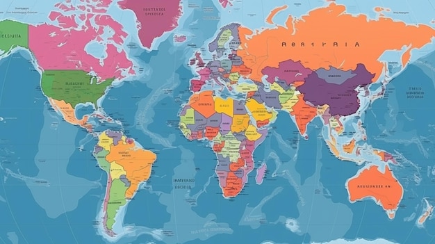 Eine globale Karte, die gefärbt wurde. Politische Karten, bunte Globusländer und Ländernamen sind alle verfügbar. Karte von Geographie und Politik, Globus-Landatlas oder Planet Generative AI