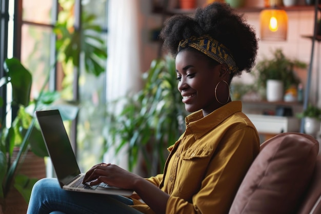 Eine glückliche afroamerikanische Frau benutzt einen Laptop im Wohnzimmer