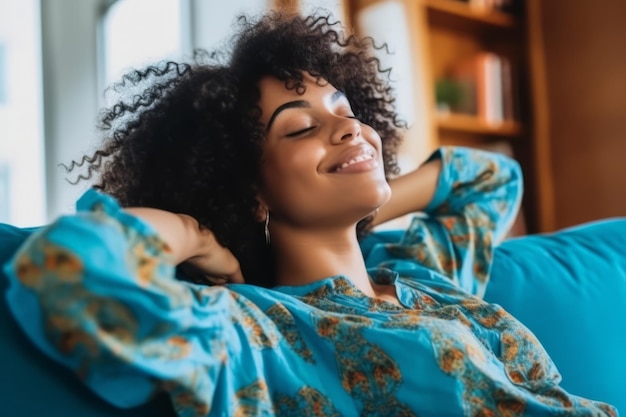 Eine glückliche afroamerikanische Frau entspannt sich zu Hause auf dem Sofa