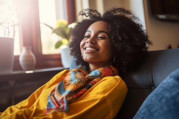 Foto eine glückliche afroamerikanische frau entspannt sich zu hause auf dem sofa