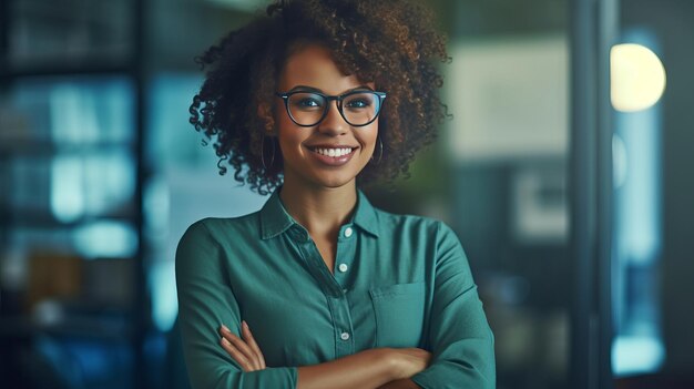 Eine glückliche afroamerikanische junge Frau steht mit gekreuzten Armen im Büro