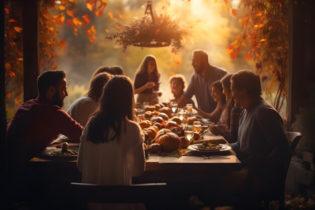 Foto eine glückliche amerikanische familie beim thanksgiving-abendessen am esstisch