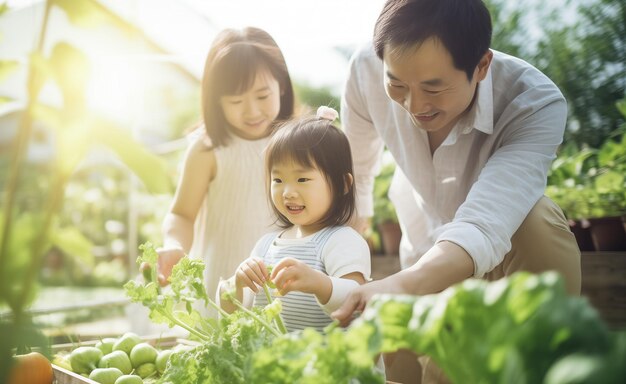 Eine glückliche asiatische Familie pflanzt gemeinsam Gemüse im Garten.