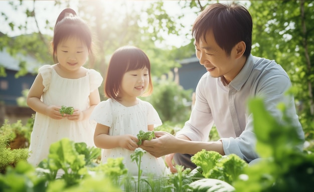 Eine glückliche asiatische Familie pflanzt gemeinsam Gemüse im Garten.