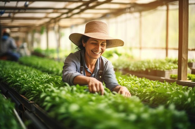 Eine glückliche Bauernfrau arbeitet in einem landwirtschaftlichen Gewächshaus