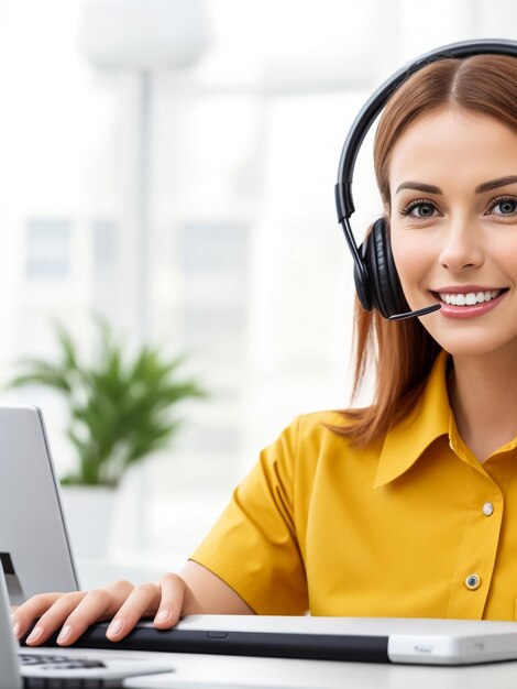 Eine glückliche, charmante junge Frau sitzt und arbeitet mit einem Laptop mit Headset im Büro
