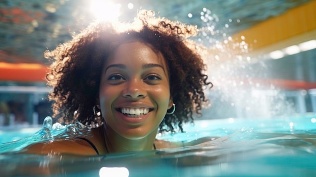 Eine glückliche dunkelhäutige Frau schwimmt unter Wasser in einem öffentlichen Schwimmbad