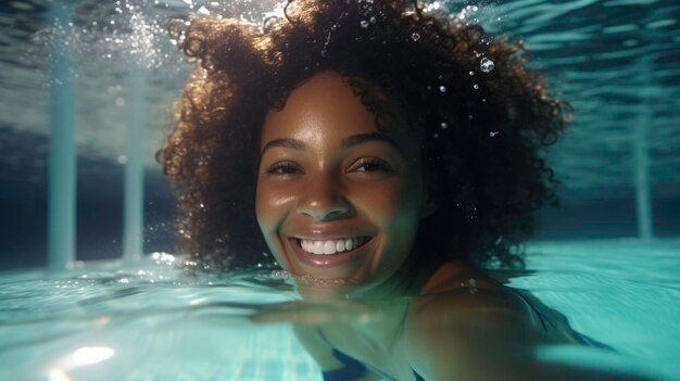 Eine glückliche dunkelhäutige Frau schwimmt unter Wasser in einem öffentlichen Schwimmbad
