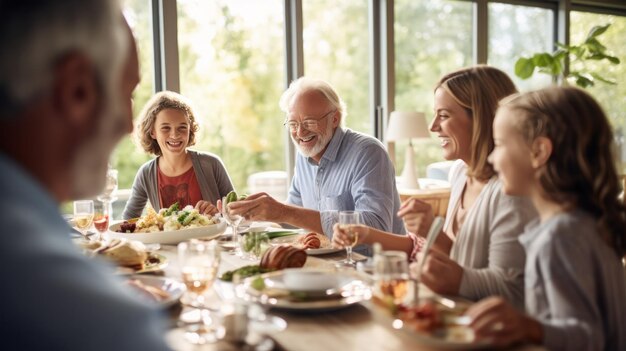 Eine glückliche Familie aus mehreren Generationen, die sich beim Mittagessen amüsiert
