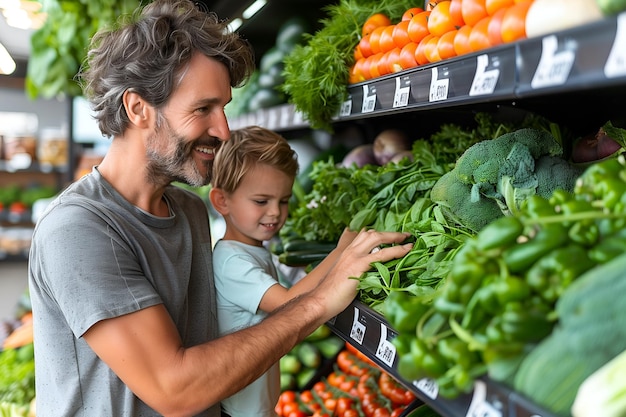 Eine glückliche Familie, die in einem Lebensmittelgeschäft Lebensmittel, frisches Gemüse und Obst kauft