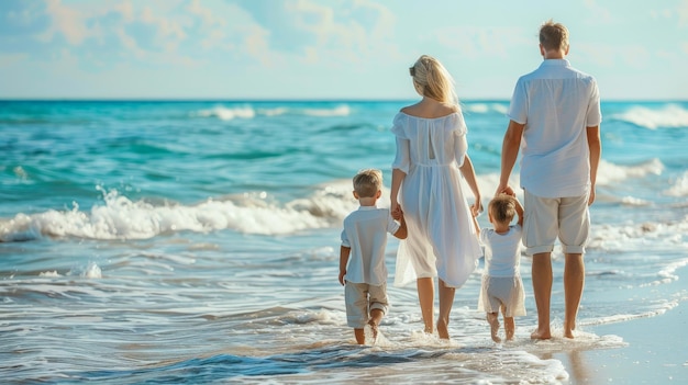 Eine glückliche Familie geht am Strand spazieren. Hintergrundansicht von Eltern mit Kindern im Sommerurlaub am Strand.