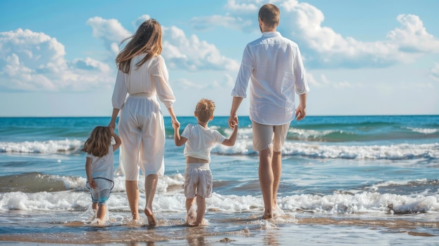 Eine glückliche Familie geht am Strand spazieren. Hintergrundansicht von Eltern mit Kindern im Sommerurlaub am Strand.