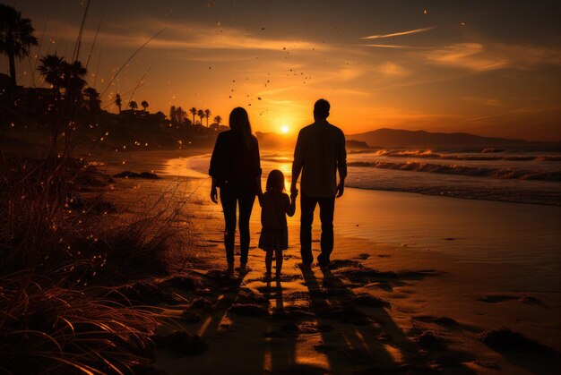 Eine glückliche Familie geht bei Sonnenuntergang am Strand entlang. Familiensilhouetten in hoher Qualität.
