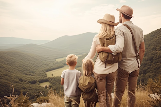 Eine glückliche Familie genießt die gemeinsame Zeit und reist gemeinsam in den Urlaub in der Natur