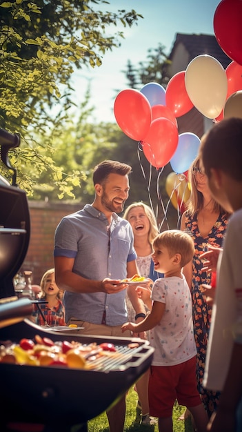 Eine glückliche Familie grillt in ihrem Hinterhof