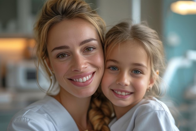 Eine glückliche Familie in der Zahnarztpraxis, die gemeinsam professionelle Mundpflege erhält