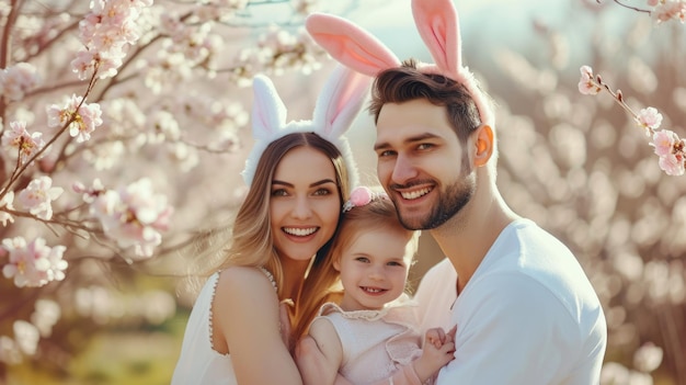 Eine glückliche Familie in Hasenohren, die sich an der Natur erfreut, lächelt auf einem Blumenfeld.