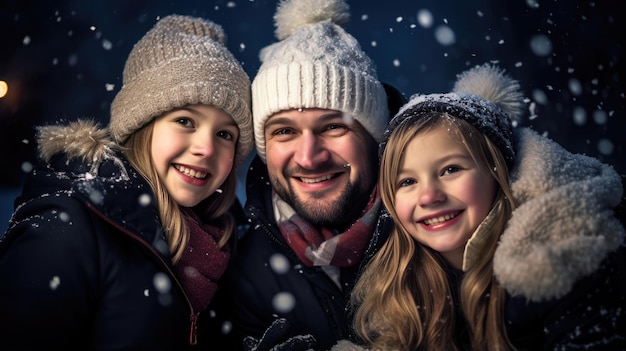 Eine glückliche Familie lächelt draußen im Schneefall