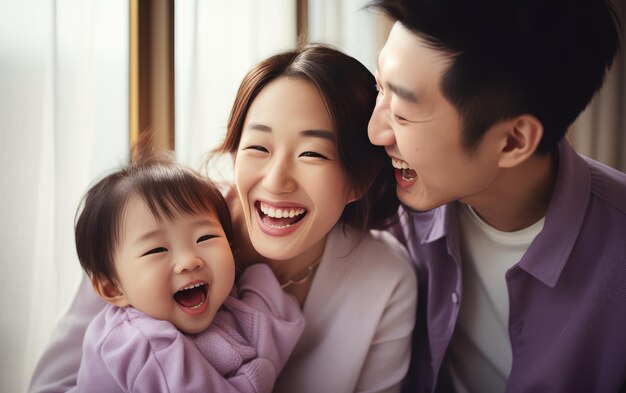 Eine glückliche Familie lächelt und lacht, trägt helle Kleidung, blauer Himmel hintergrund
