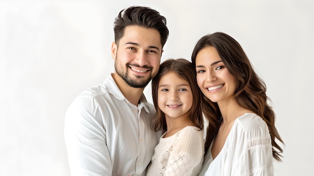 Eine glückliche Familie lächelt zusammen in einem Studio, was Liebe und Bindung widerspiegelt. Ein lässiges und modernes Porträt, perfekt für den Lebensstil.