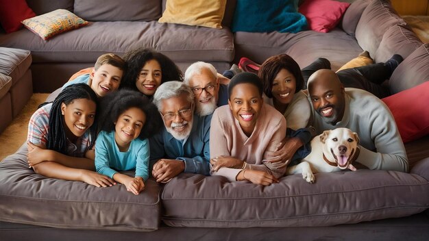 Eine glückliche Familie liegt auf dem Sofa